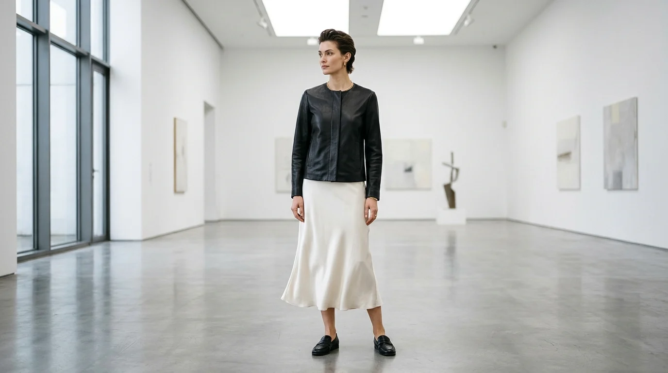 Model wearing sleek 1990s minimalist collarless black full-grain leather jacket in art gallery editorial