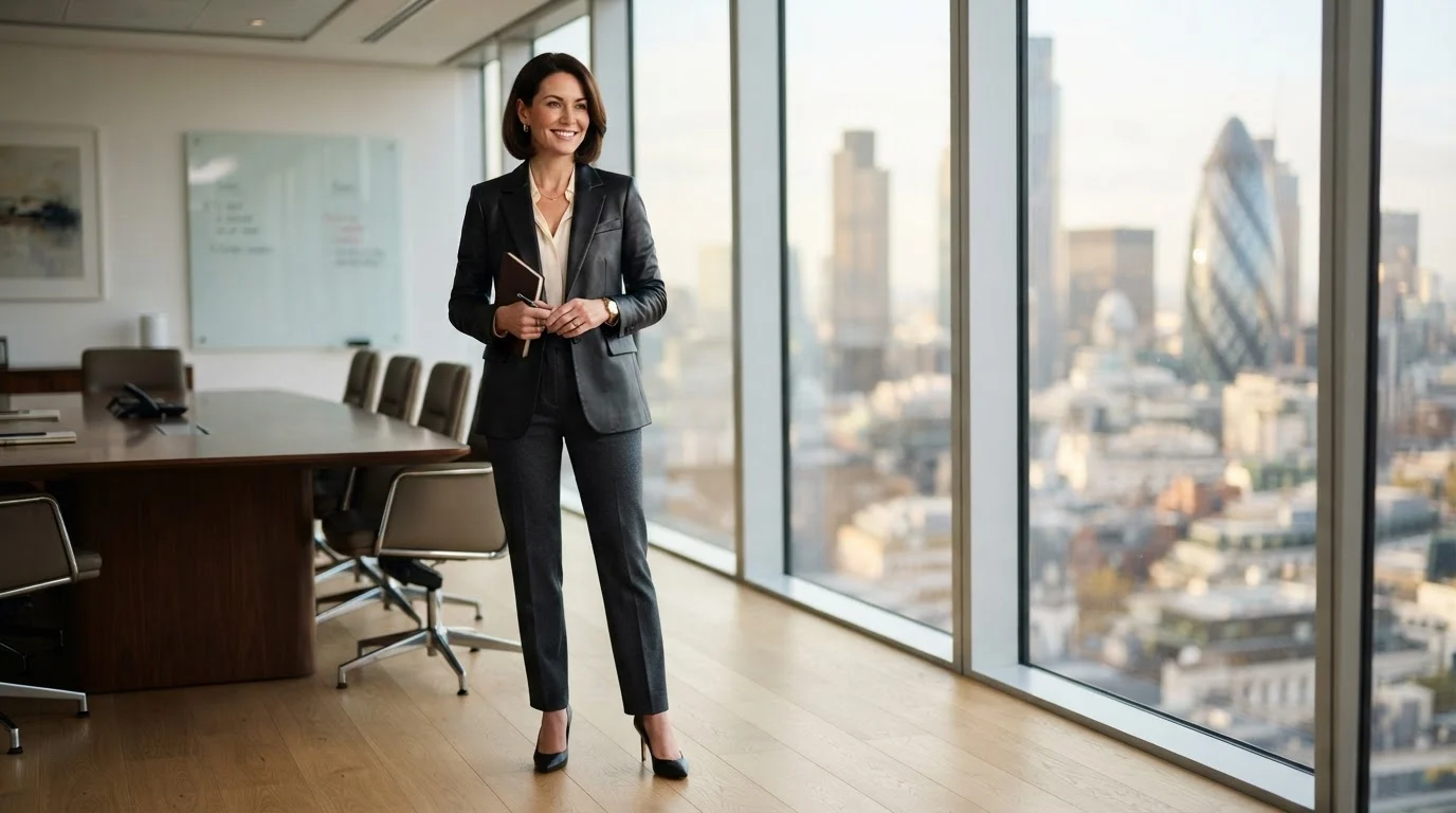 Professional businesswoman wearing a tailored matte black leather blazer in an executive office setting