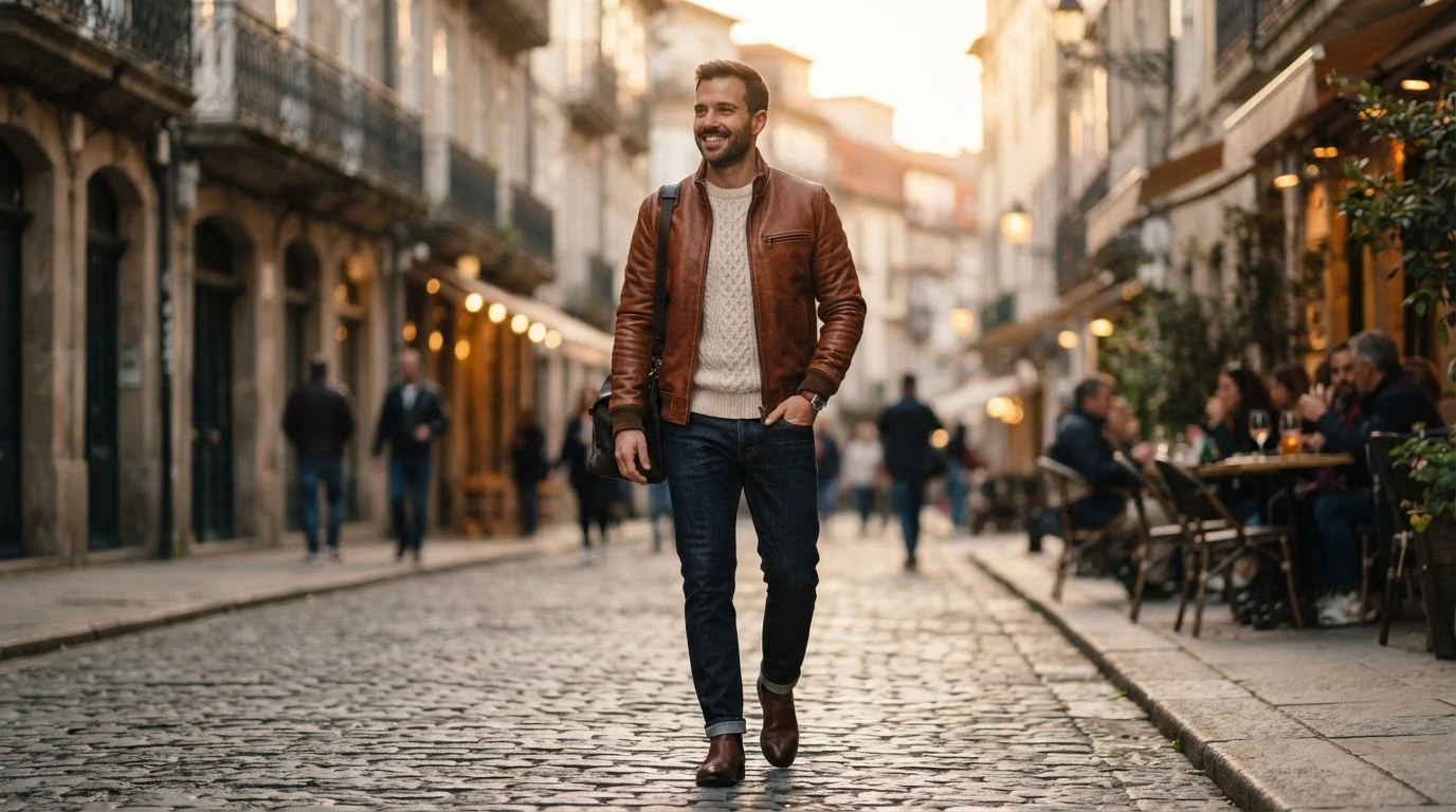 Handcrafted full-grain leather Lester jacket in rich cognac brown styled for autumn