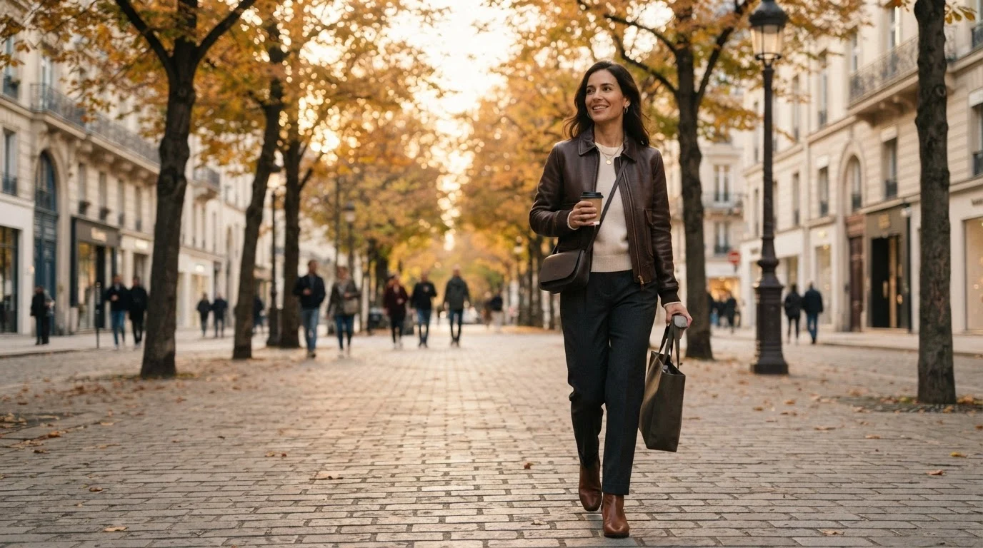 A woman wearing capsule wardrobe leather essentials walking through a sunny autumn city street.