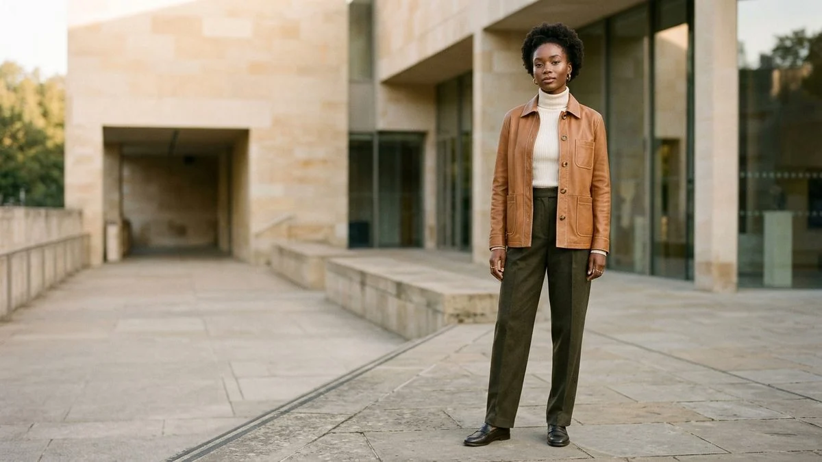 Sophisticated model wearing a tailored caramel-tan nappa lambskin leather shacket over an off-white turtleneck with olive wool trousers outside a limestone contemporary art museum