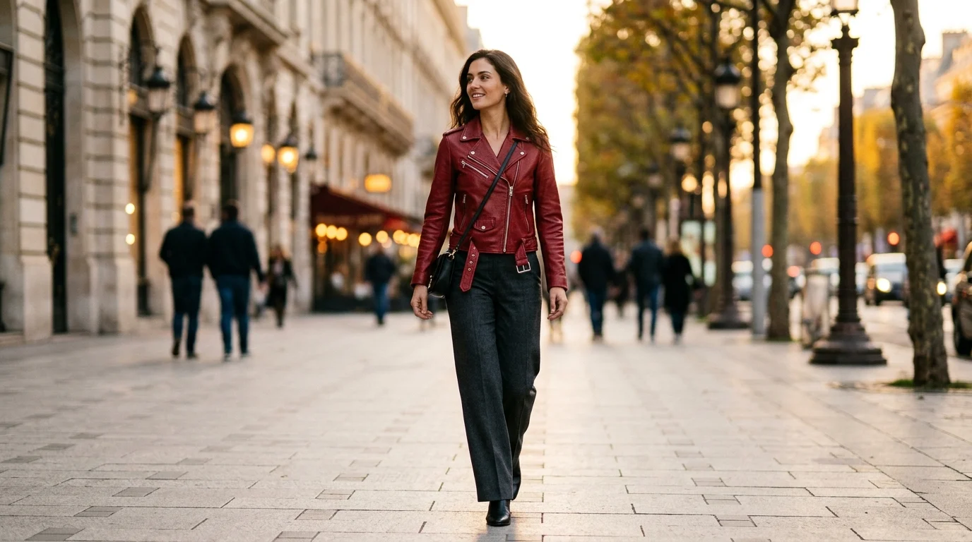 Model wearing bespoke cherry red full-grain lambskin leather biker jacket in 2026 streetwear editorial