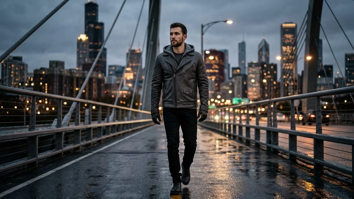 Stylish male model walking across a Chicago bridge at dusk wearing a matte charcoal cowhide leather moto jacket with integrated heather-grey fleece hood