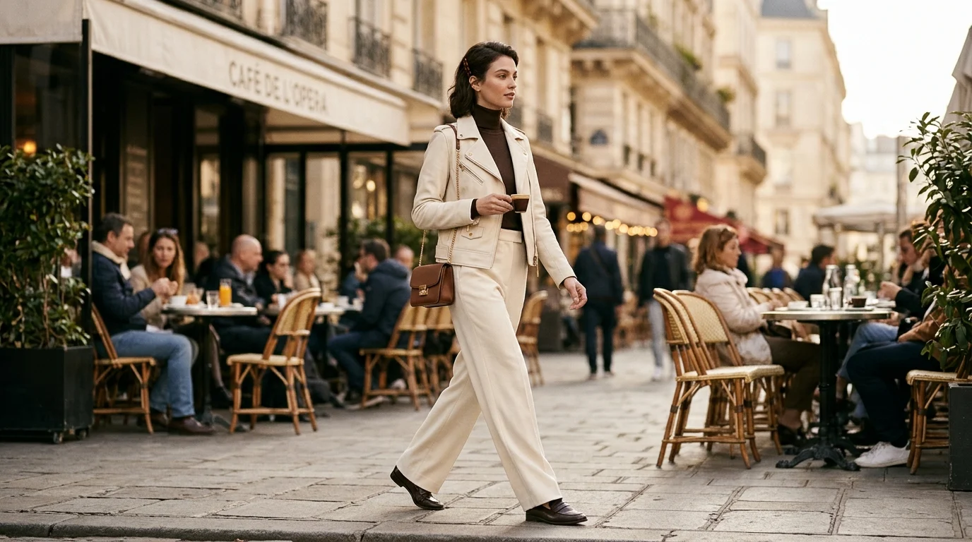 Model wearing tailored cream off-white full-grain lambskin leather biker jacket in Paris street editorial