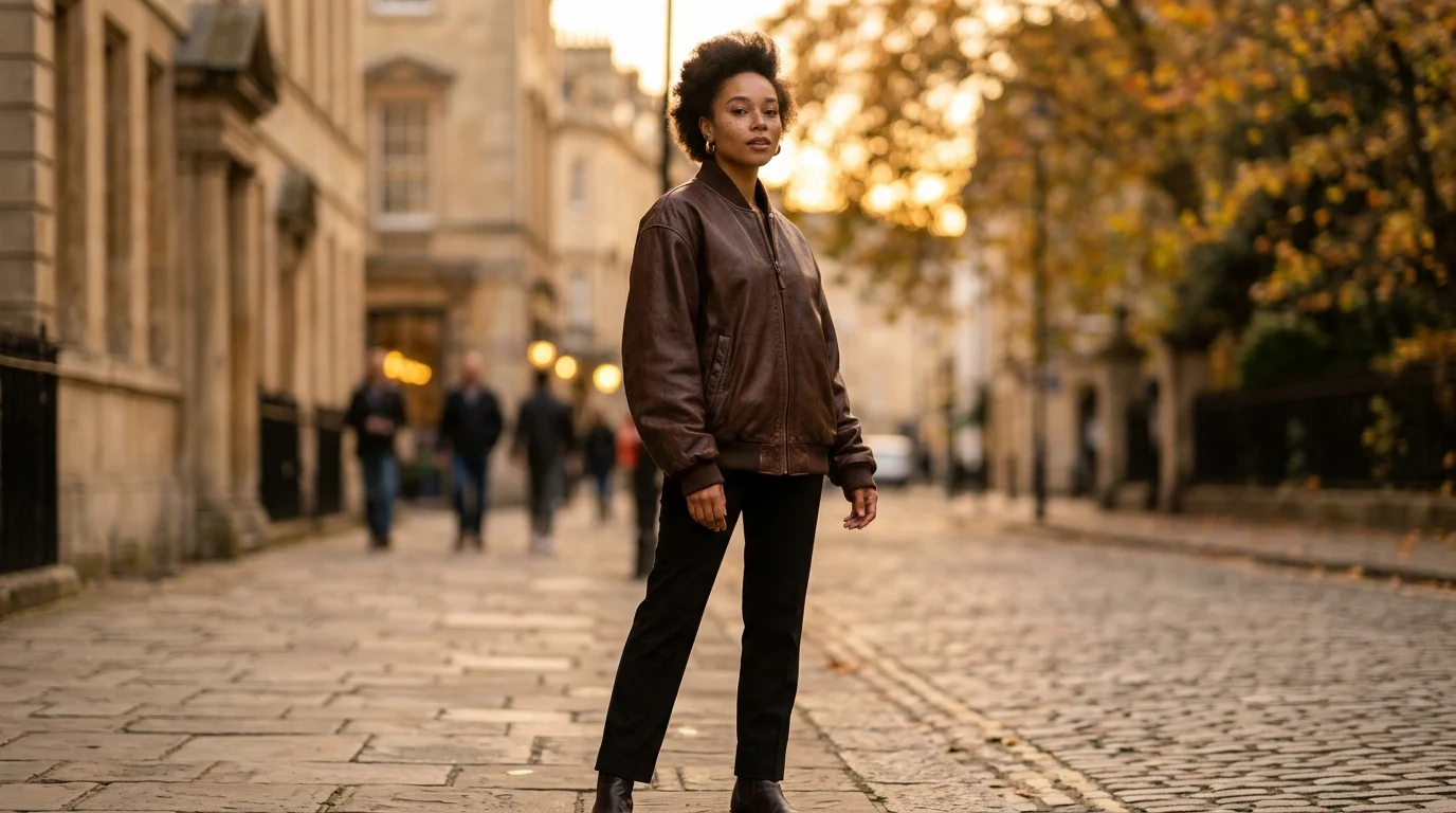 Editorial fashion photograph of an elegant model wearing a vintage distressed brown leather cafe racer jacket with brass hardware