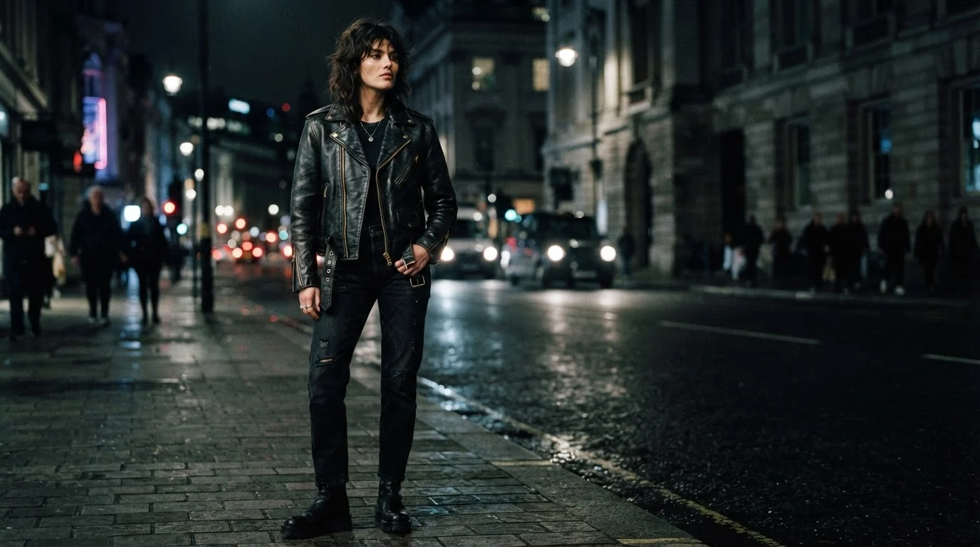 Classic black genuine leather biker moto jacket with asymmetrical zipper and brass hardware