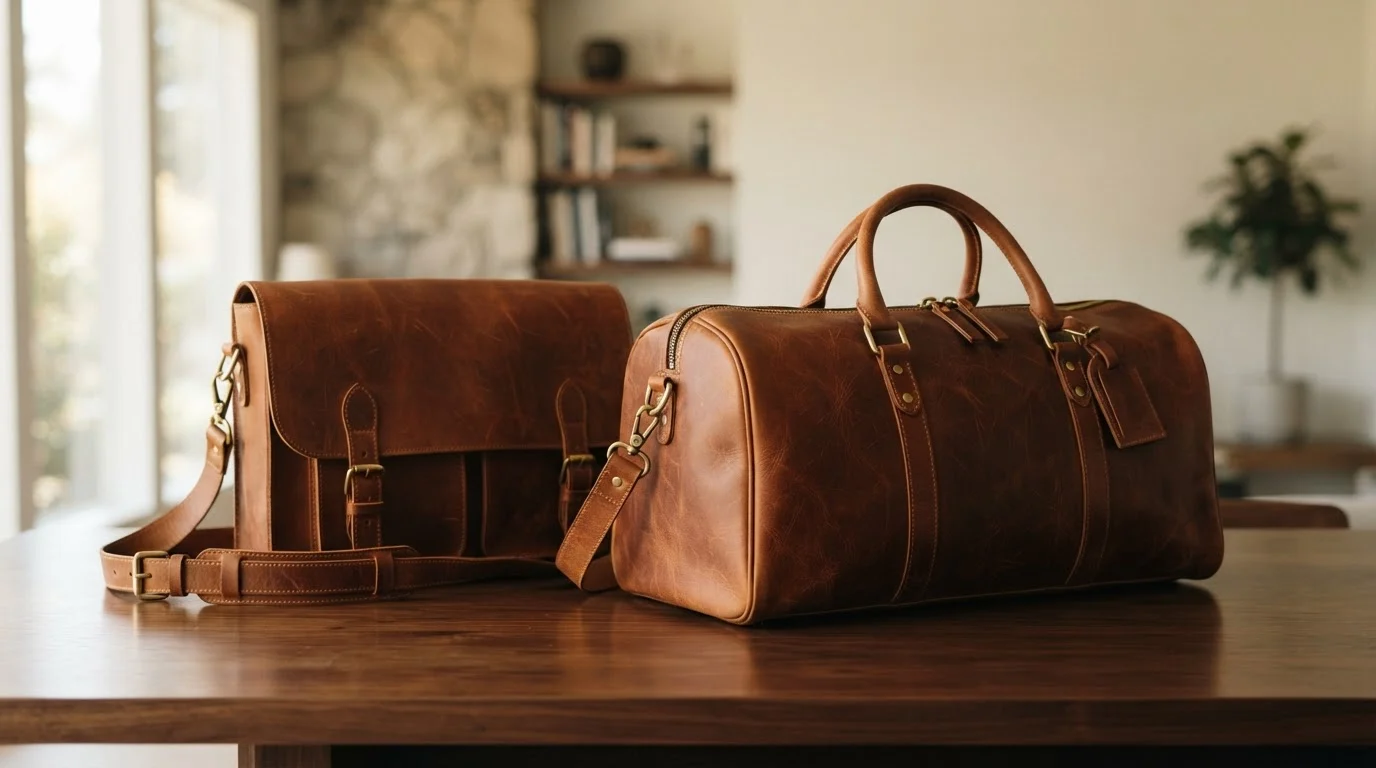 Handcrafted full-grain leather messenger bag and weekender duffel with brass hardware in an editorial studio setting