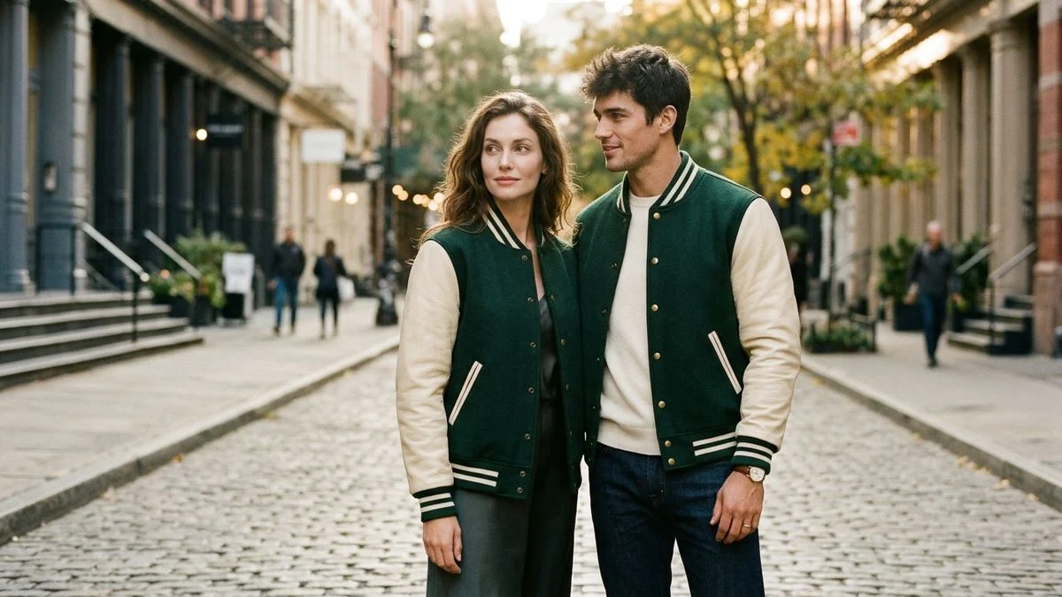 Athletic male and elegant female models wearing luxury deep forest green and cream leather varsity jackets on a cobblestone street in SoHo New York at golden hour