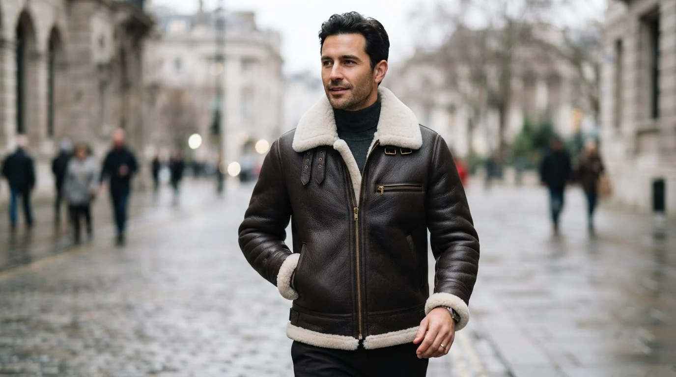 Luxury dark brown full-grain leather shearling aviator jacket with plush wool fleece collar and brass hardware