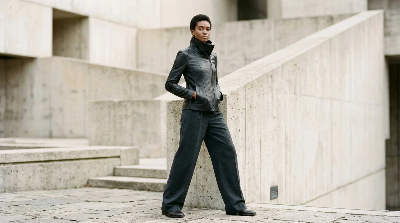 Model wearing tailored black full-grain funnel neck leather jacket with architectural stand collar in 2026
