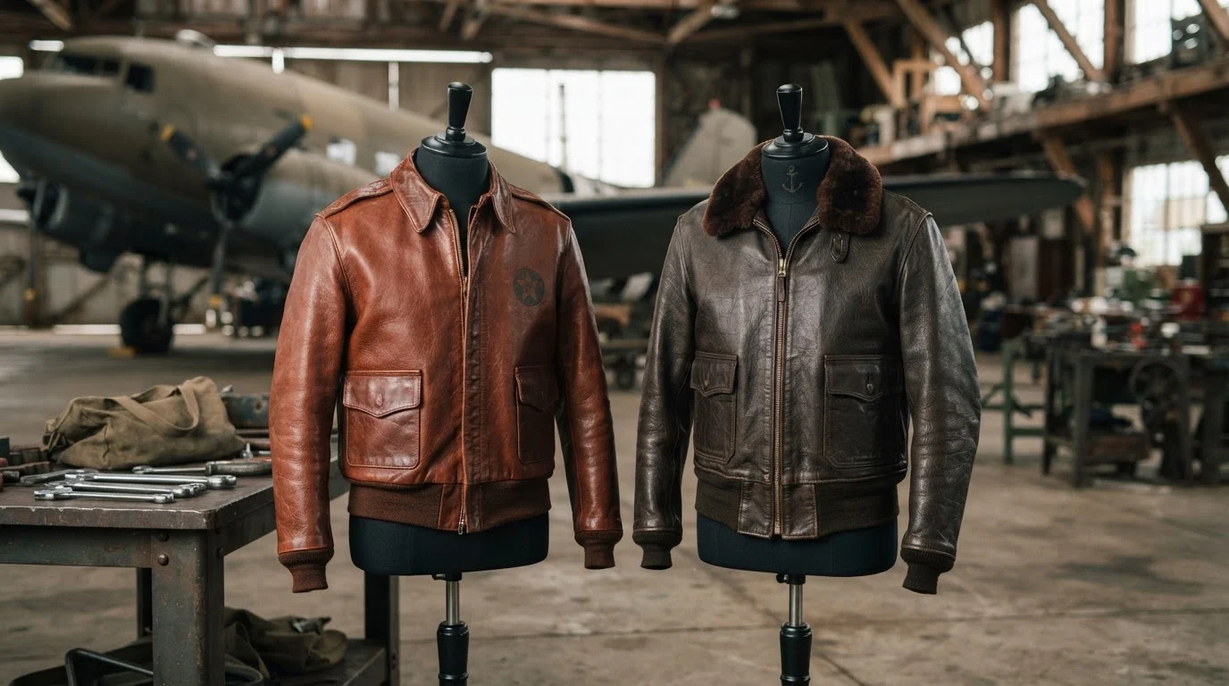 Vintage military flight jackets comparing the A2 leather collar and G1 mouton fur collar