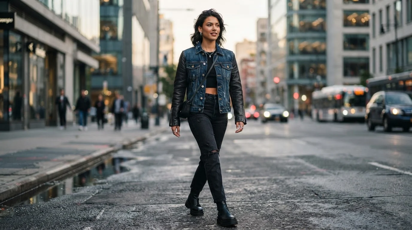 Model wearing a modern denim and leather hybrid jacket with leather sleeves on city street