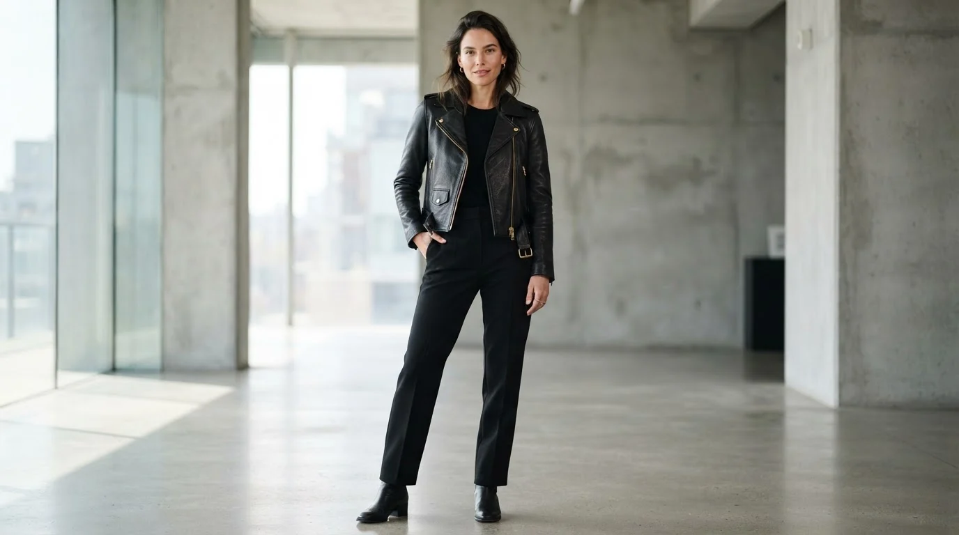 Bespoke tailored black full-grain lambskin leather jacket on female model in editorial fashion studio
