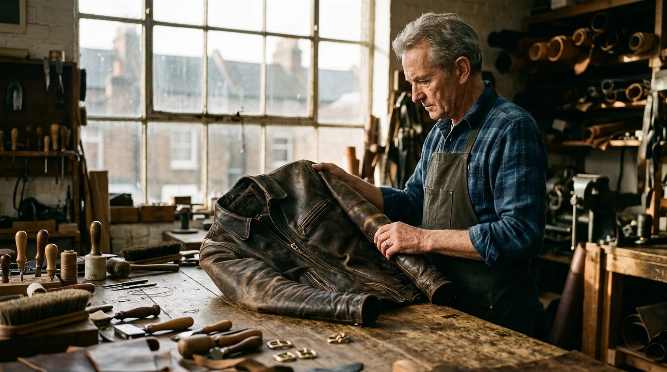 Master leather artisan flexing a heavyweight dark brown full-grain cowhide jacket in a sunlit workshop