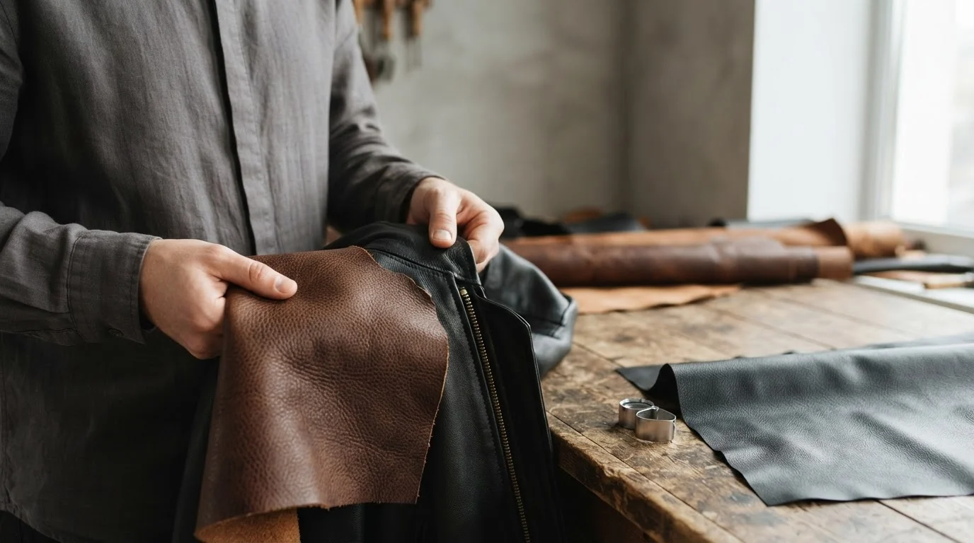 A person inspects a textured brown leather swatch next to a black jacket in a workshop.