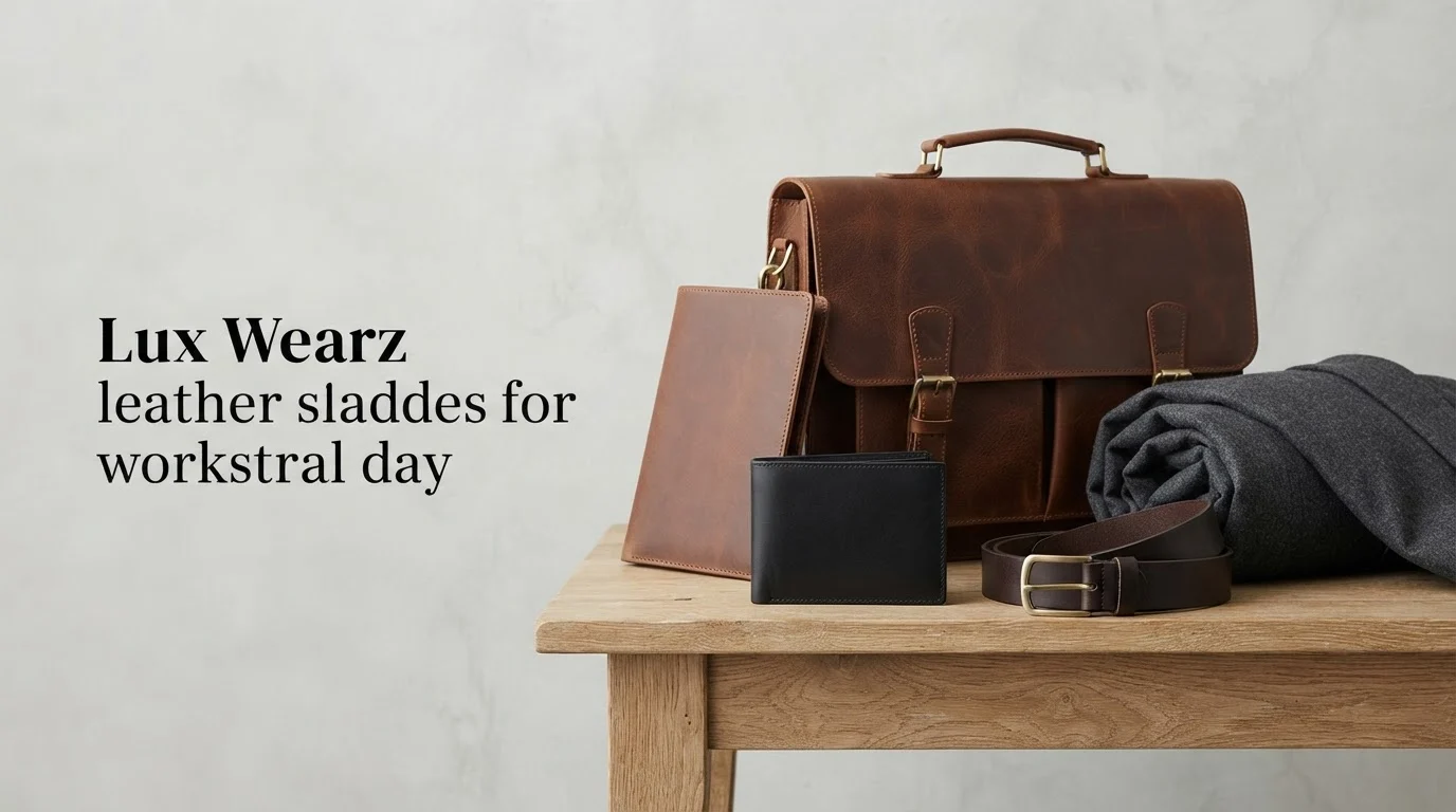 Curated flatlay of professional handcrafted full-grain leather accessories including a structured briefcase, dark brown dress belt with brass buckle, and slim bifold wallet