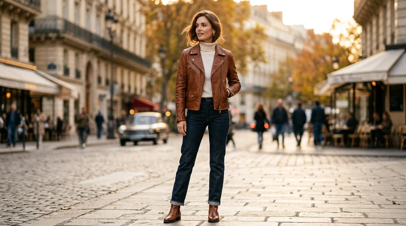 Elegant woman wearing a tailored cognac brown full-grain leather moto jacket on a Parisian boulevard