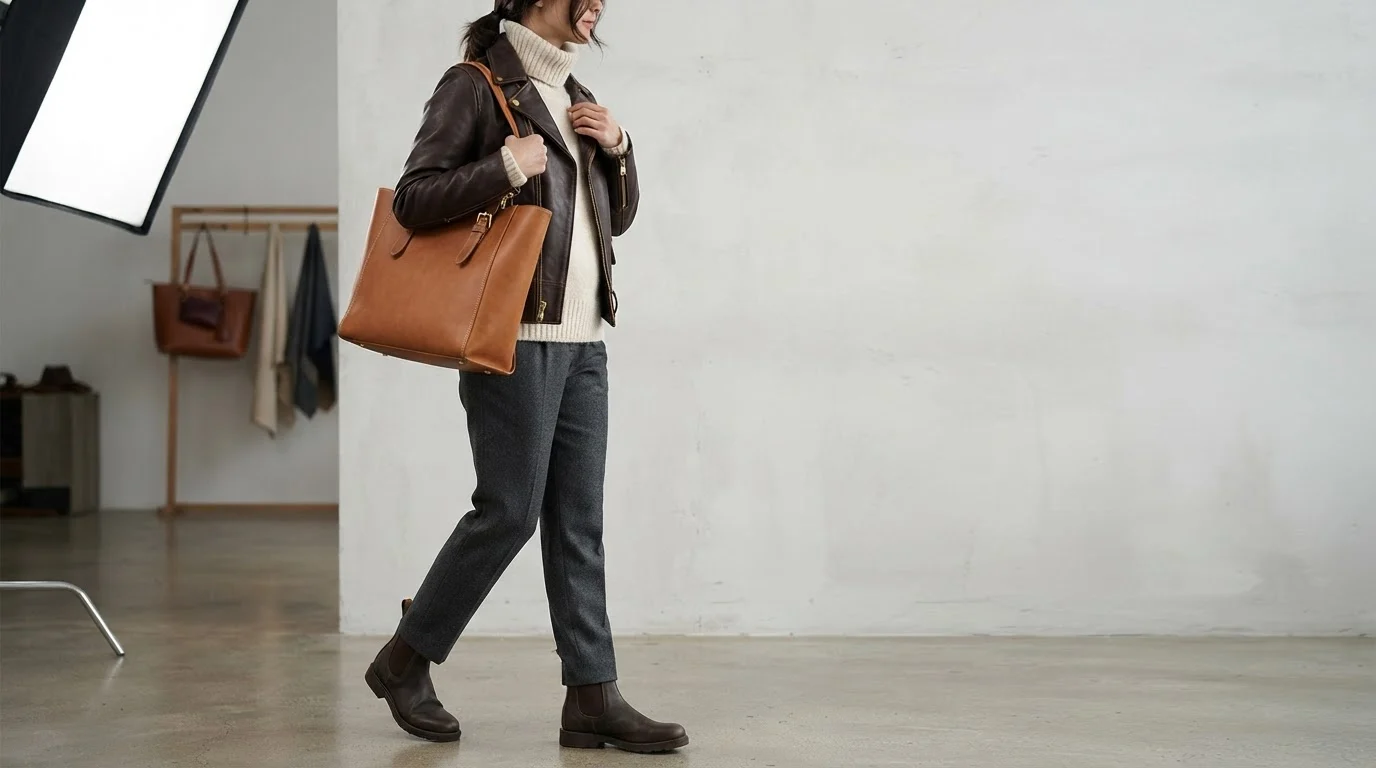 Model in tailored black full-grain lambskin leather biker jacket layered over cream ribbed merino wool rollneck knitwear