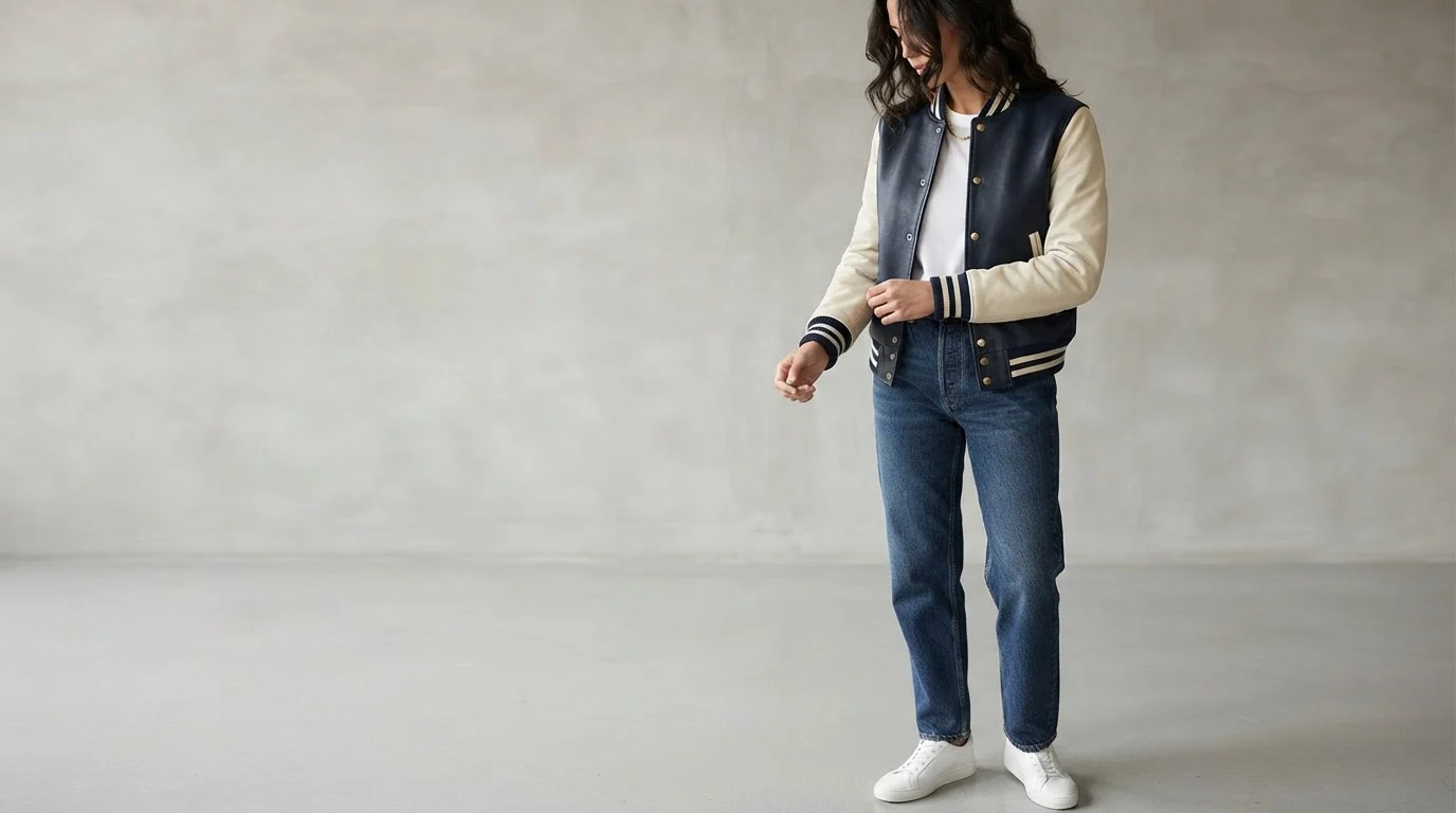 A stylish fashion model wearing a handcrafted full-grain leather varsity jacket with contrast ribbing and tailored trousers in an urban street setting