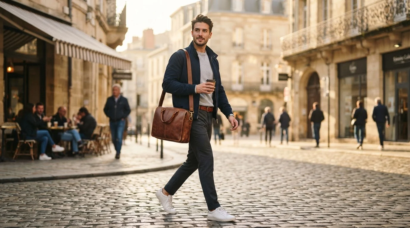 A commuter walking down an urban street demonstrating leather accessories styling with a brown bag and matching belt.