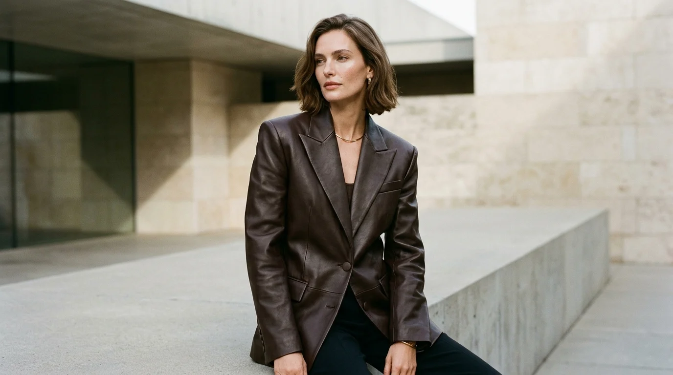 Editorial fashion photograph of an elegant model wearing a tailored oversized dark chocolate brown leather blazer with peak lapels