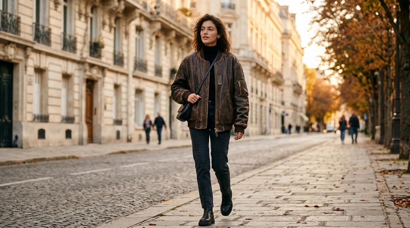 High-fashion editorial photograph of a model in an oversized chocolate brown leather bomber jacket on autumn avenue