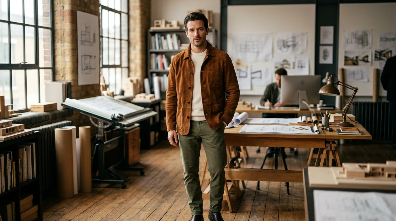 Stylish man wearing a tailored tobacco brown nubuck leather chore jacket in a light-filled studio