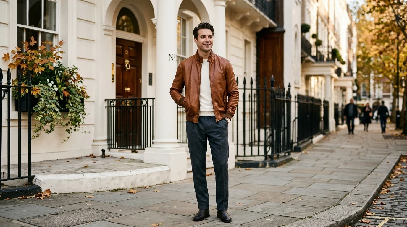 Refined gentleman wearing a tailored cognac brown full-grain calfskin leather Harrington jacket in Mayfair London