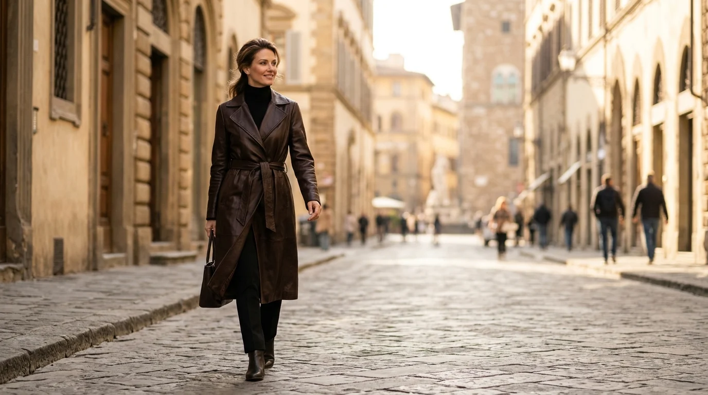 Sophisticated model wearing a belted lambskin wrap coat explaining is a leather wrap coat worth buying
