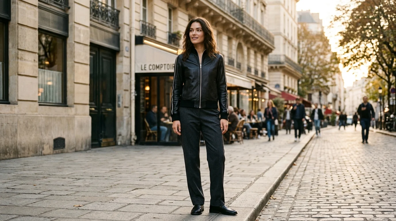 Fashion model in black lambskin showing why is a leather track jacket worth buying on city street
