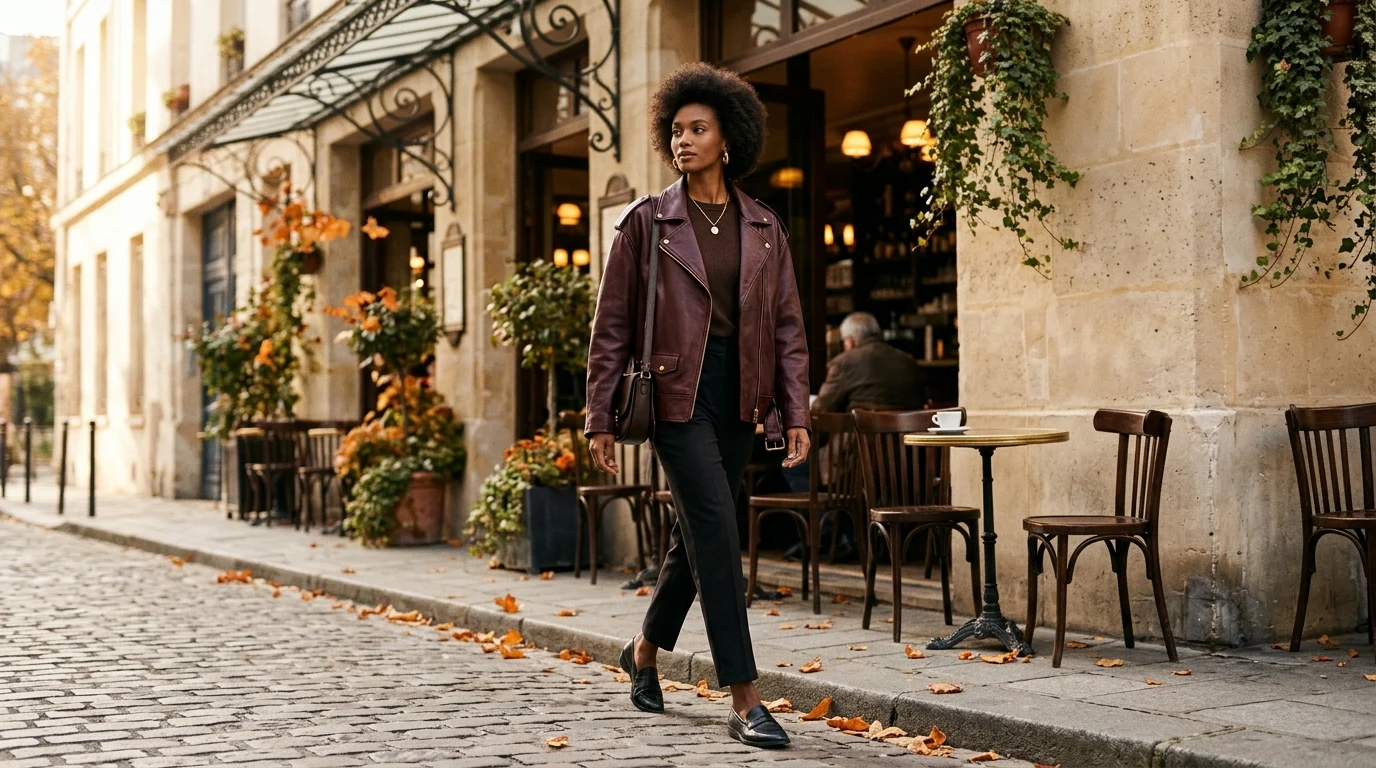 Editorial fashion photograph of an elegant model wearing an oversized deep burgundy oxblood full-grain leather jacket in Paris