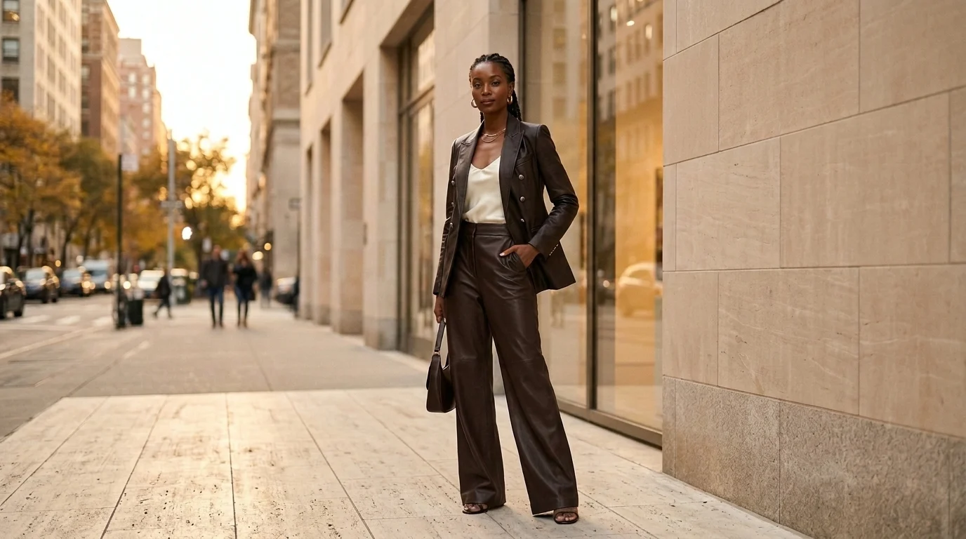 High-fashion editorial photograph of an elegant model wearing a tailored dark espresso leather blazer paired with matching wide-leg leather trousers in Manhattan