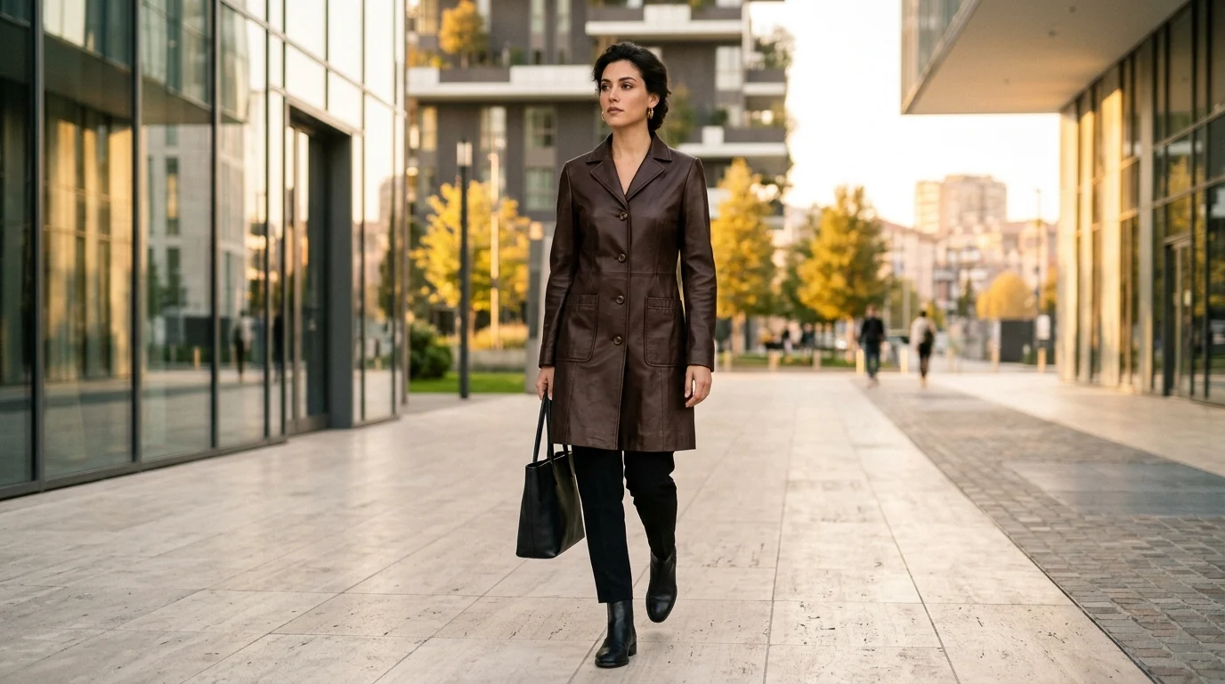 High-fashion editorial photograph of an elegant model wearing a tailored mid-thigh dark chocolate brown lambskin leather car coat in Milan at golden hour