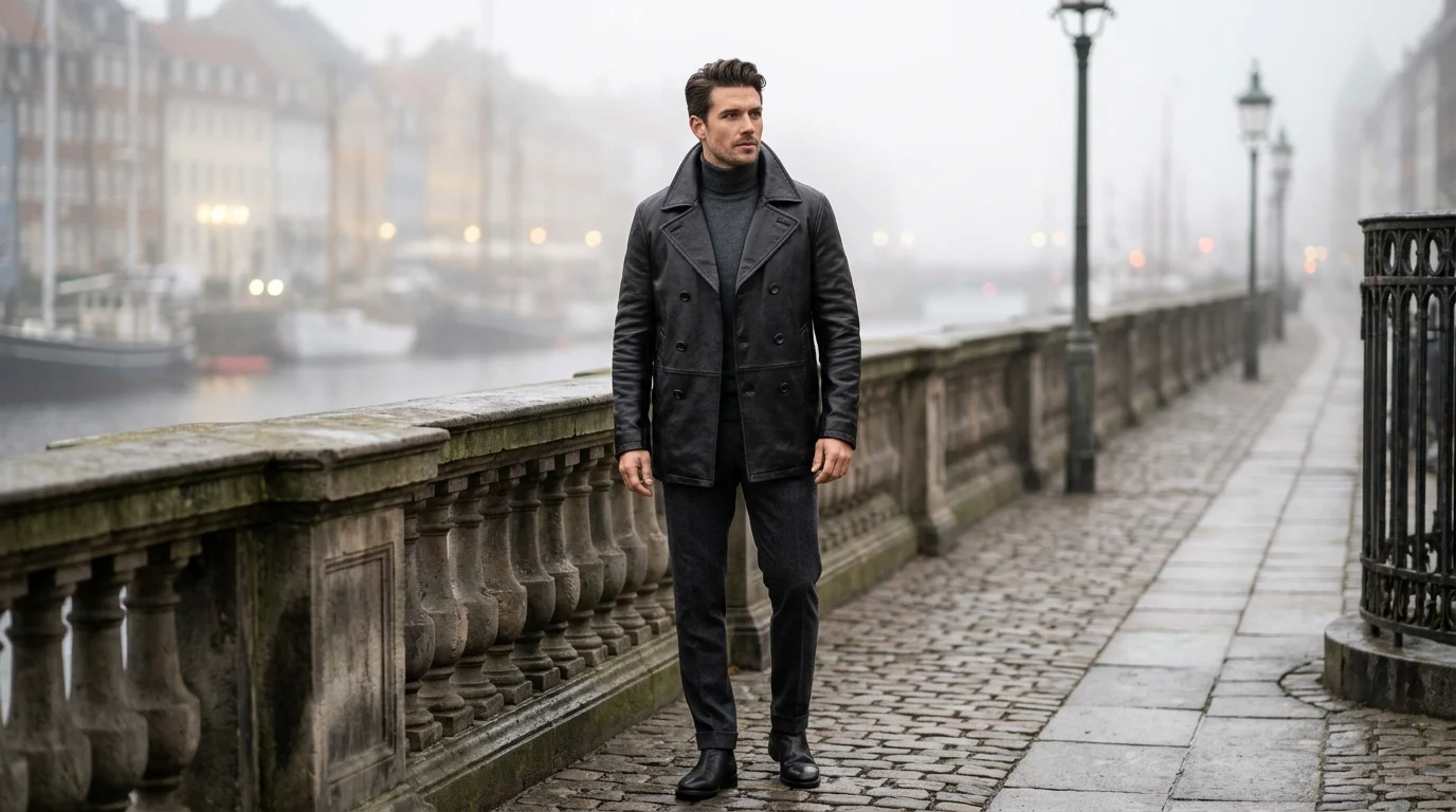 High-fashion editorial photograph of an elegant model wearing a tailored double-breasted dark black steerhide leather peacoat on a misty European waterfront boulevard