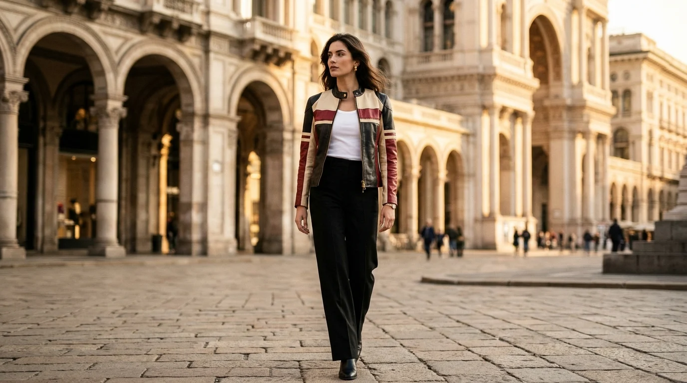 High-fashion editorial photograph of a stylish female model wearing a tailored black and cream leather racing jacket with red accents in Milan at golden hour