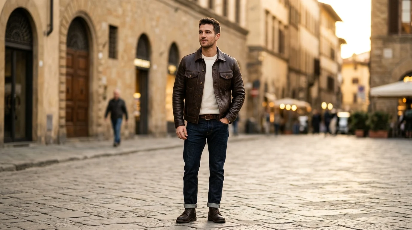 High-fashion editorial photograph of an elegant model wearing a tailored chocolate brown full-grain leather trucker jacket on a sunlit city avenue