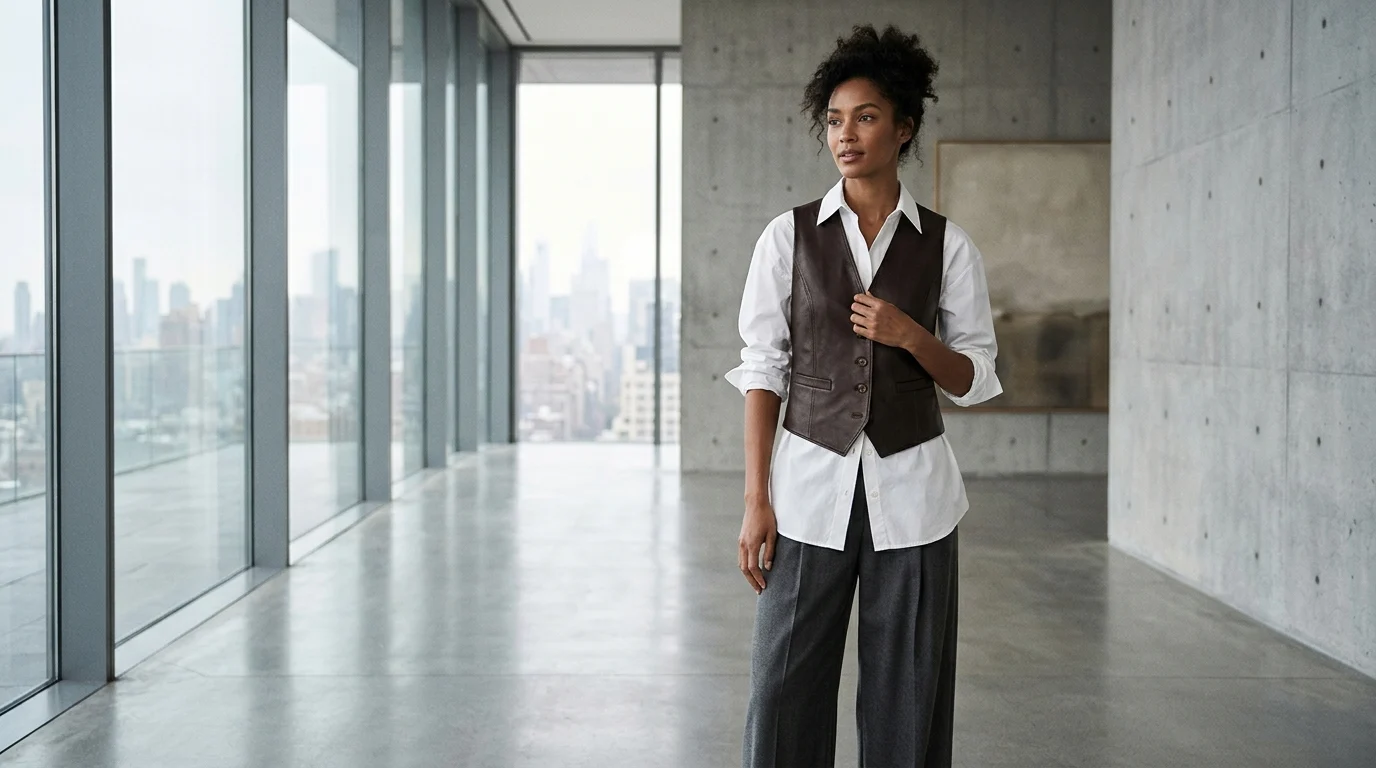 Editorial fashion photograph of an elegant model wearing a tailored dark espresso full-grain lambskin leather waistcoat in Manhattan