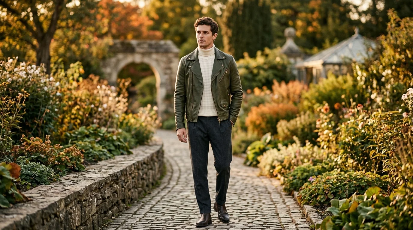 High-fashion editorial photograph of an elegant model wearing a tailored olive green lambskin leather jacket in an autumn Parisian botanical park