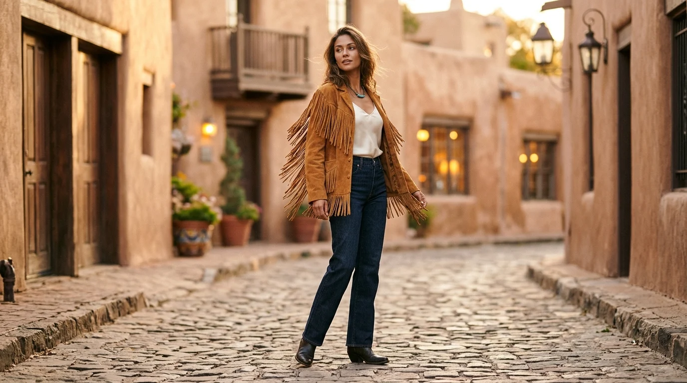 Editorial fashion photograph of an elegant model wearing a tailored caramel-tan suede western fringe jacket in Santa Fe at golden hour