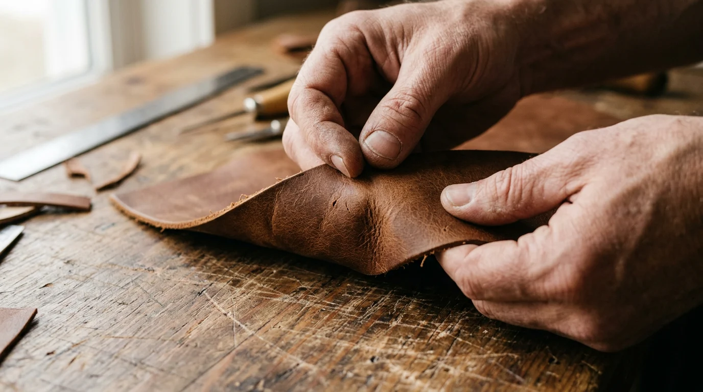 Artisan hands closely inspecting the porous grain and authentic texture of full-grain brown leather on a workshop bench