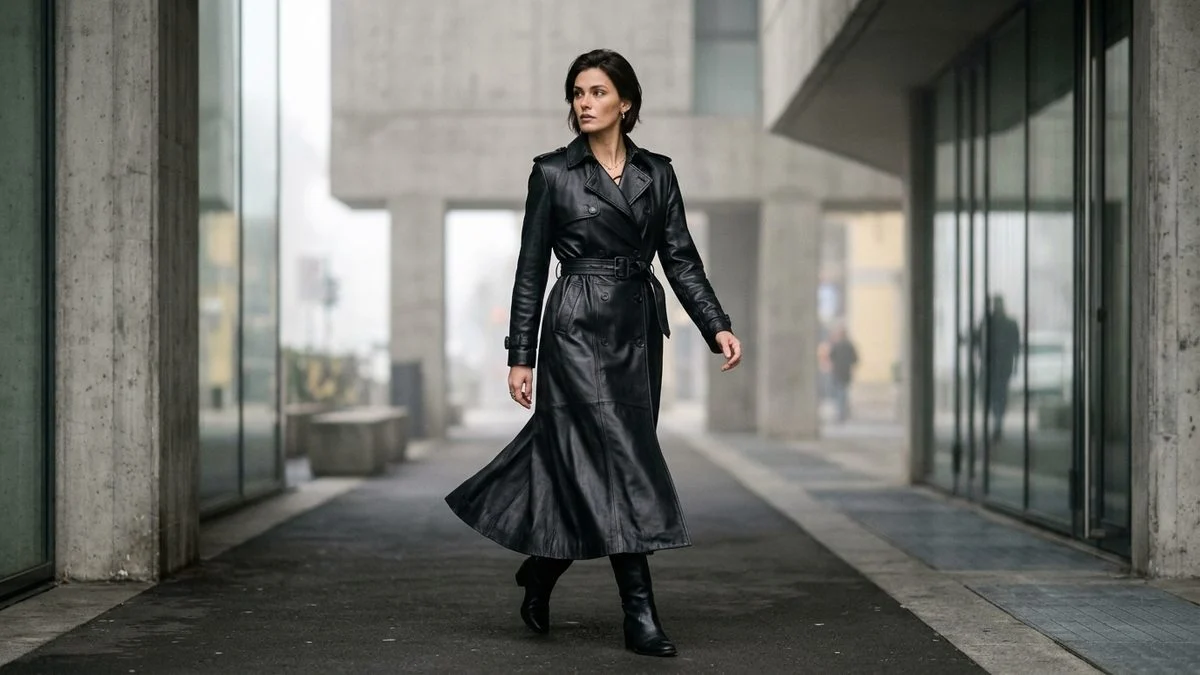 Elegant female model wearing a flowing double-breasted black lambskin leather trench coat with cinched belt in Milan under soft morning mist lighting