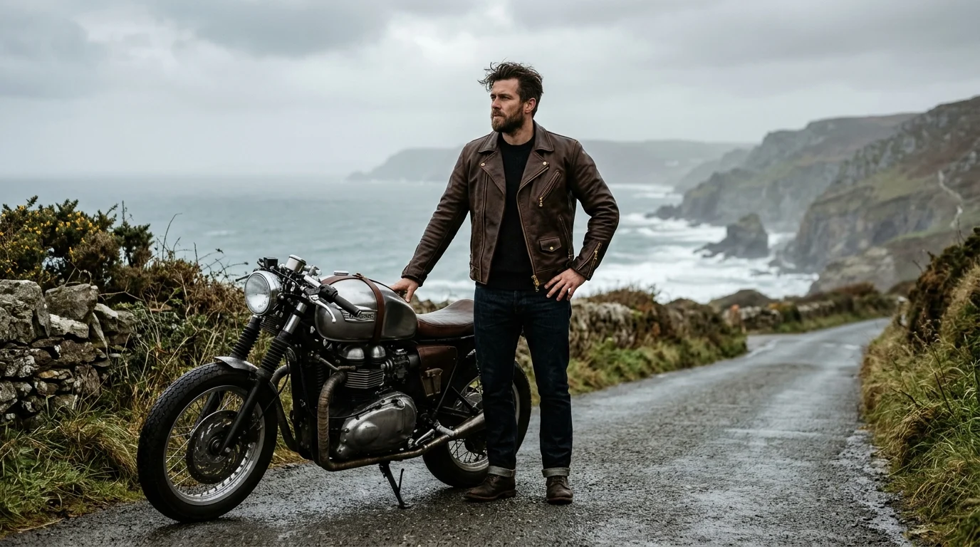 Heavyweight dark brown full-grain leather motorcycle riding jacket beside custom cafe racer motorcycle