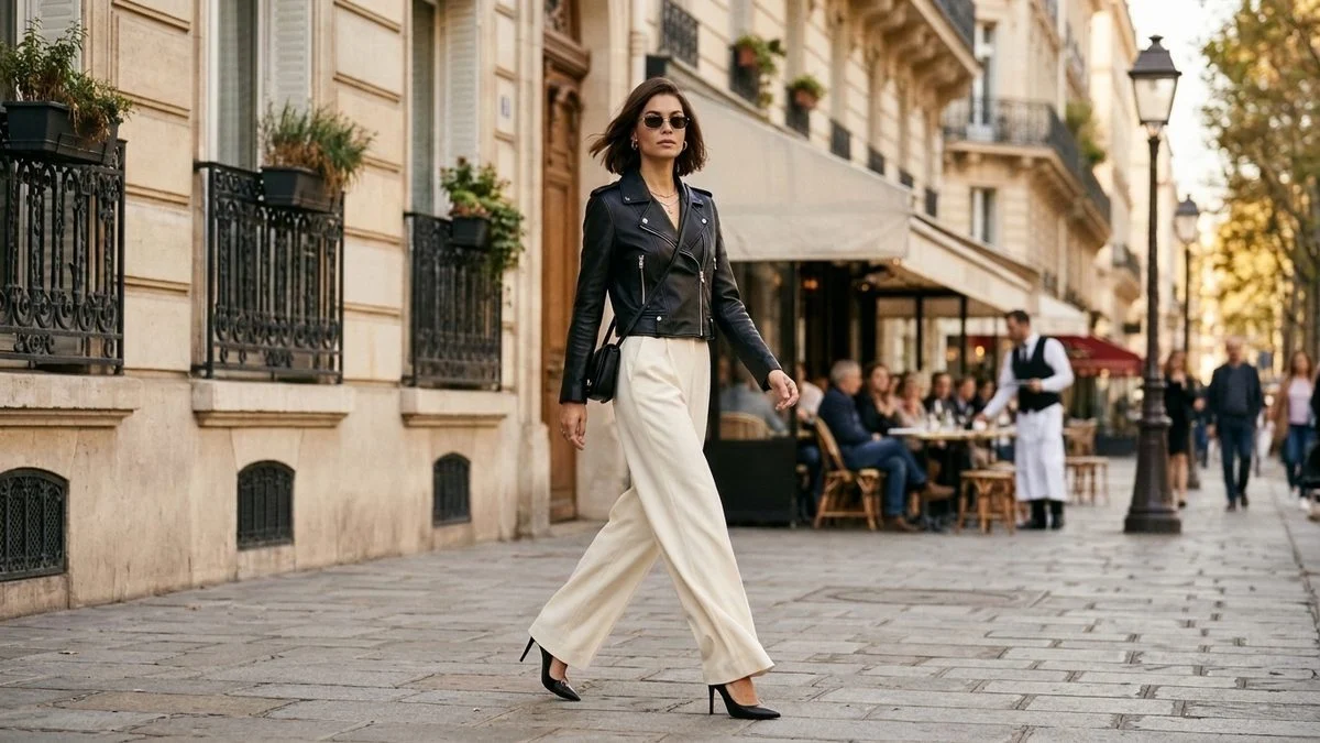 Female model walking past Parisian balconies in warm sunlight wearing a structured cropped black lambskin biker jacket, wide-leg ecru trousers, and pointed heels