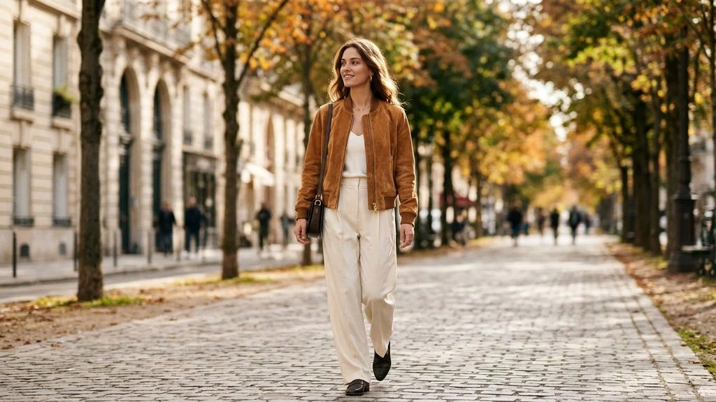 Model wearing caramel-tan velvety suede bomber jacket on Parisian boulevard in 2026 quiet luxury style